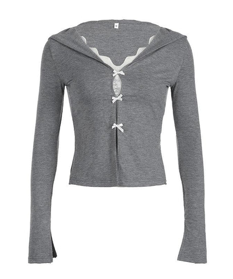 Fall Coquette Bow-Front Hooded Crop Top - Y2K Lace-Trim Long Sleeve for Women