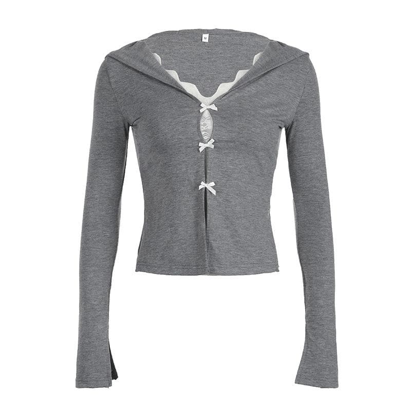 Fall Coquette Bow-Front Hooded Crop Top - Y2K Lace-Trim Long Sleeve for Women