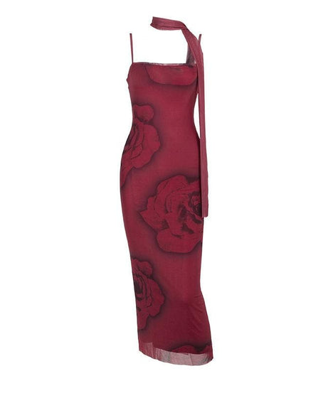Romantic Rose Mesh Cami Midi Dress | Elegant Ruffle Backless for Fall & Holiday Parties