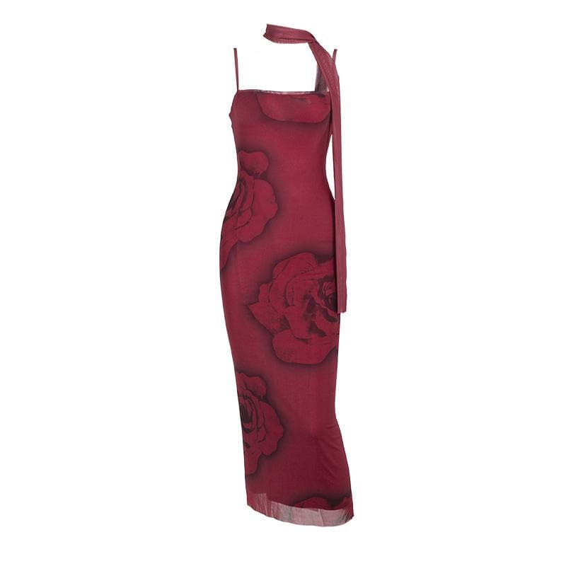 Romantic Rose Mesh Cami Midi Dress | Elegant Ruffle Backless for Fall & Holiday Parties