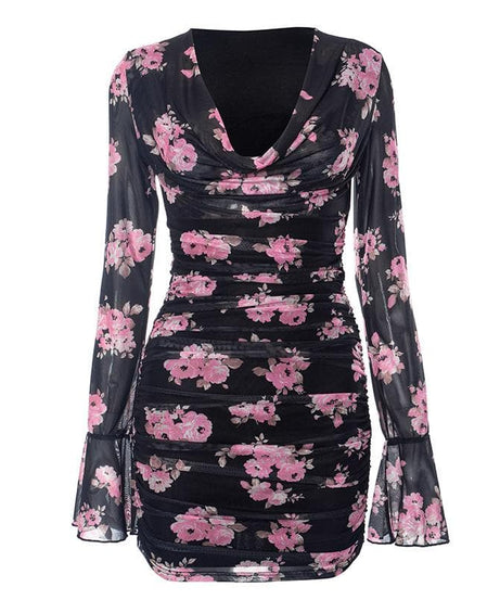 Enchanting Fall Floral Mesh Mini Dress | Chic Cowl Neck & Bell Sleeves