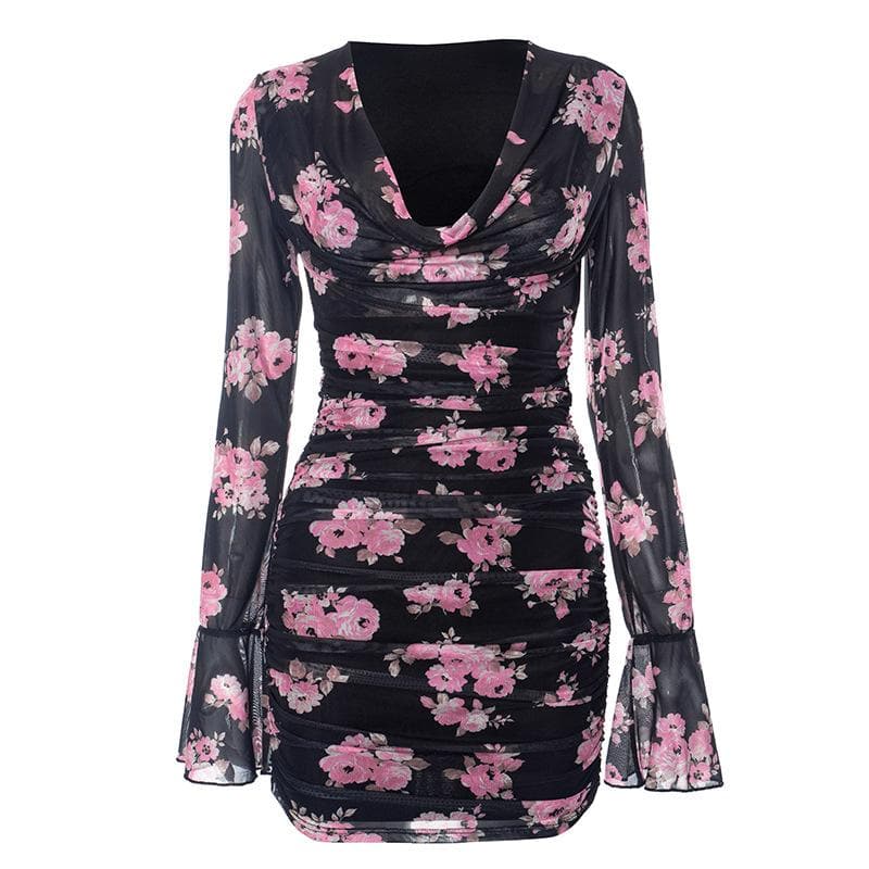 Enchanting Fall Floral Mesh Mini Dress | Chic Cowl Neck & Bell Sleeves