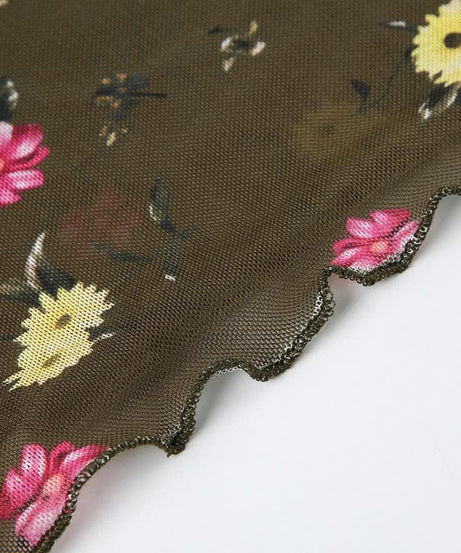 Trendy Floral Mesh Ruffle Crop Top - Sheer Long Sleeve for Fall Layering