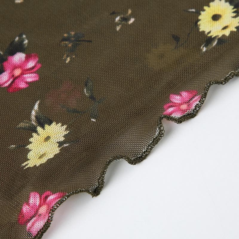 Trendy Floral Mesh Ruffle Crop Top - Sheer Long Sleeve for Fall Layering