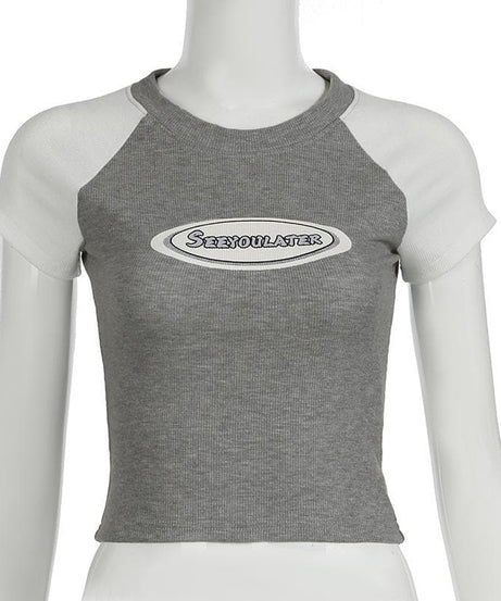 Y2K Retro Ribbed Raglan Crop Top - Women's 'SEEYOULATER' Graphic Tee