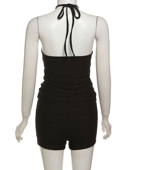 Effortless Chic: Black Halter Neck Backless Textured Shorts Set – Perfect for Fall Layering & Cozy Comfort