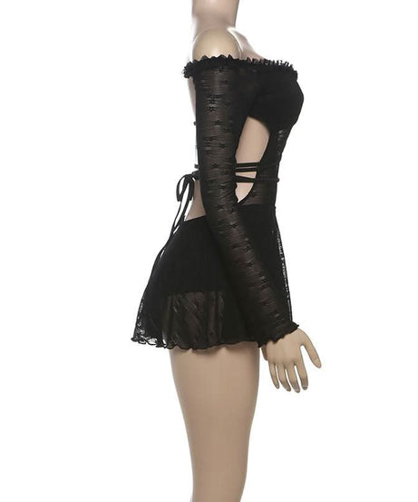 Sultry Black Lace Off-Shoulder Mini Dress | Corset-Tie Cut-Out | Fall Party & Halloween Ready