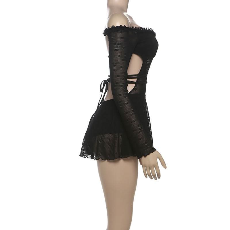Sultry Black Lace Off-Shoulder Mini Dress | Corset-Tie Cut-Out | Fall Party & Halloween Ready