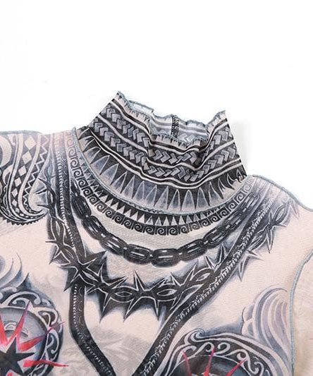 Edgy Tattoo Illusion Mesh Midi Dress with Gloves - Fall & Halloween Statement Piece