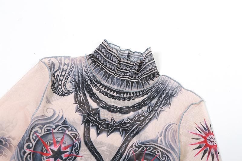 Edgy Tattoo Illusion Mesh Midi Dress with Gloves - Fall & Halloween Statement Piece