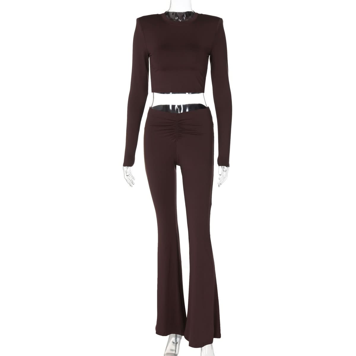 Cozy Fall Chic: Women's Ruched Flare Pant & Long Sleeve Crop Top Set - Mocha Brown Loungewear