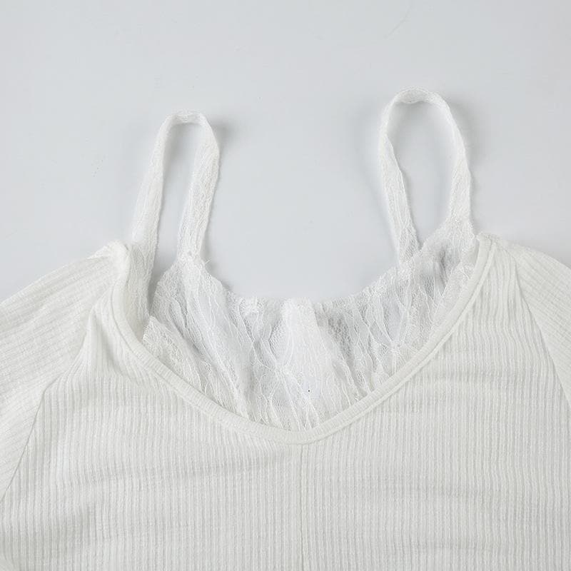 Effortless Fall Chic: Layered Off-Shoulder Ruched Top with Delicate Lace Trim