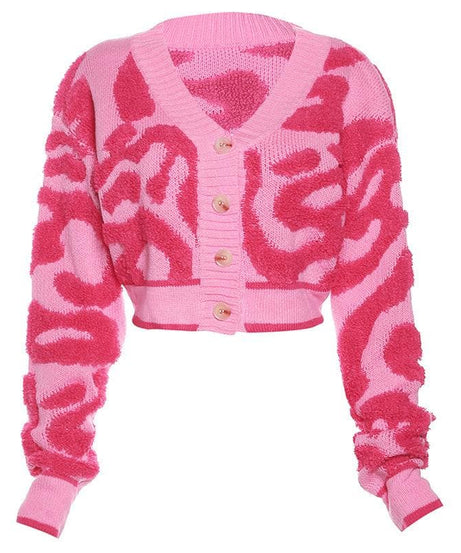 Groovy Pink Swirl Textured Crop Cardigan - Y2K Fall Fashion Knit