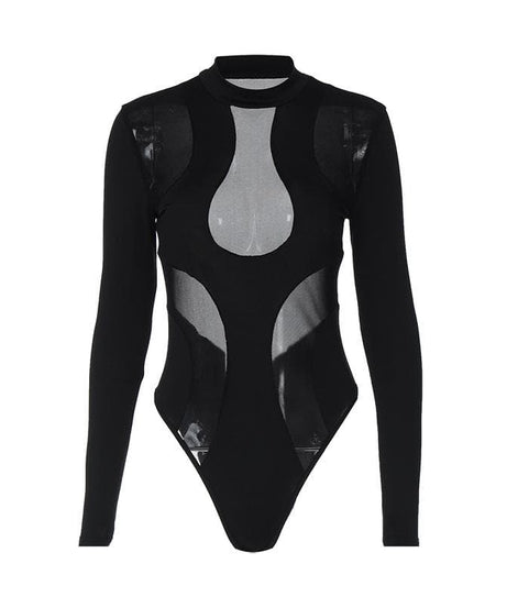 Sleek Black Mesh Panel Mock Neck Bodysuit - Edgy Long Sleeve Top for Fall & Halloween