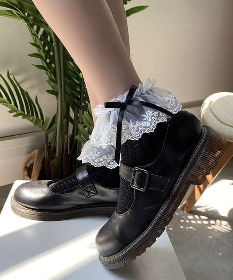 Enchanting Black Lace Ruffle Ankle Socks with Satin Bows - Vintage Charm for Fall & Halloween