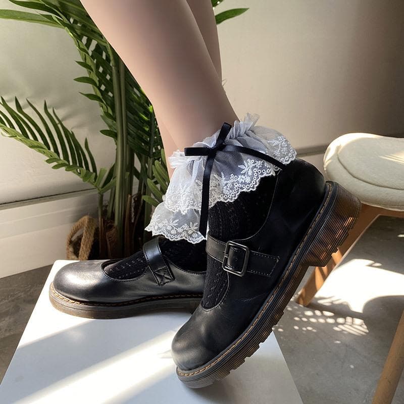 Enchanting Black Lace Ruffle Ankle Socks with Satin Bows - Vintage Charm for Fall & Halloween