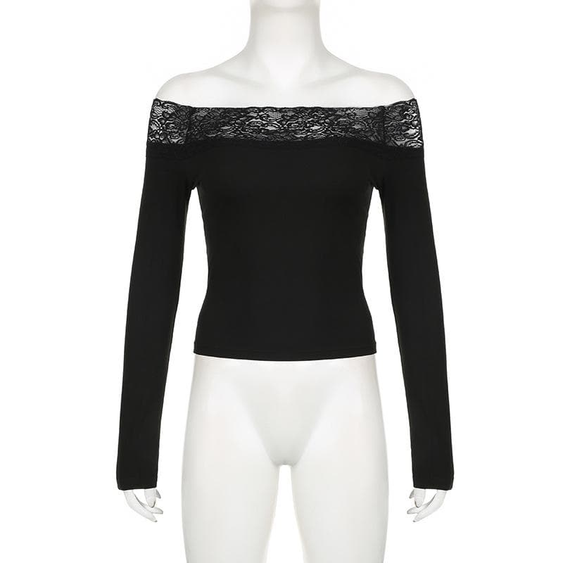 Fall & Beyond: Chic Black Lace Off-Shoulder Long Sleeve Top | American Women's Style Essential