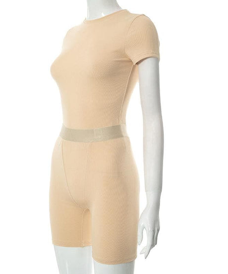 Cozy Fall Vibes: Women's Ribbed Knit Short Sleeve Top & Biker Shorts Set | Nude Athleisure Lounge Wear