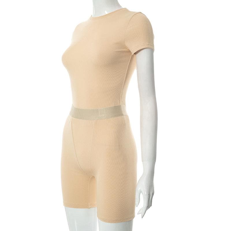 Cozy Fall Vibes: Women's Ribbed Knit Short Sleeve Top & Biker Shorts Set | Nude Athleisure Lounge Wear