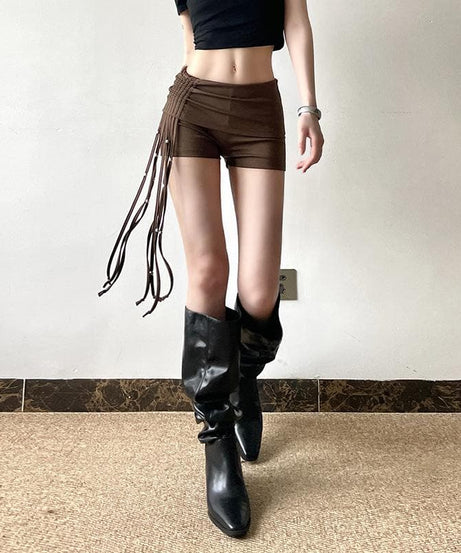 Spooky Season Chic: Y2K Low-Rise Ruched Shorts with Dazzling Beaded Tassels – Perfect for Fall Parties & Halloween