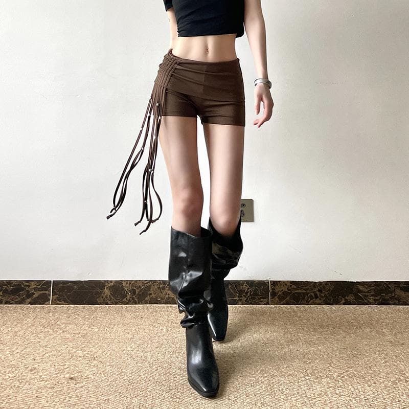 Spooky Season Chic: Y2K Low-Rise Ruched Shorts with Dazzling Beaded Tassels – Perfect for Fall Parties & Halloween