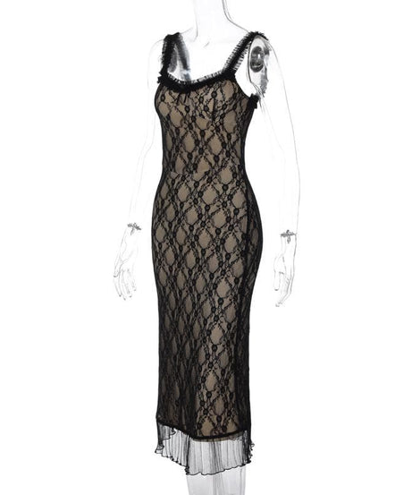 Sultry Black Lace Midi Dress | Ruffled Square Neck & Sheer Hem | Your Fall & Holiday Party Essential