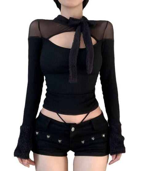 Midnight Muse Mesh Cutout Top - Fall's Edgy Fluffy Tie Long Sleeve