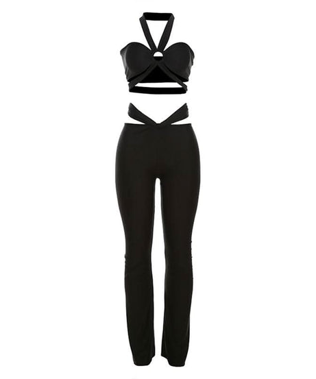 Y2K Black Strappy O-Ring Cutout Halter Top & Flare Pant Set - Perfect for Halloween & Fall Parties