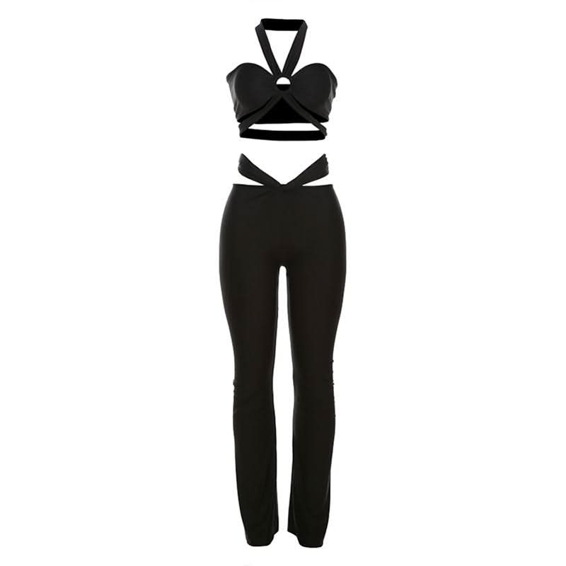 Y2K Black Strappy O-Ring Cutout Halter Top & Flare Pant Set - Perfect for Halloween & Fall Parties