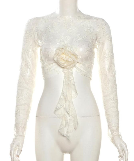 Romantic Coquette Lace Long Sleeve Crop Top with 3D Floral Appliqué