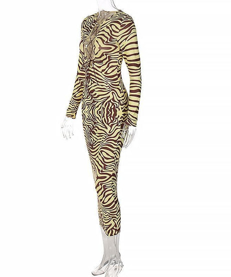 Daring Fall Zebra Print Lace-Up Bodycon Midi Dress - Long Sleeve Statement Style