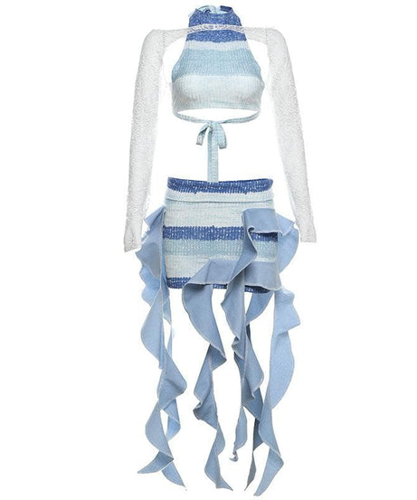Siren Chic: Ruffled Striped Mini Skirt Set with Lace Shrug – Fall's Hottest Statement Look