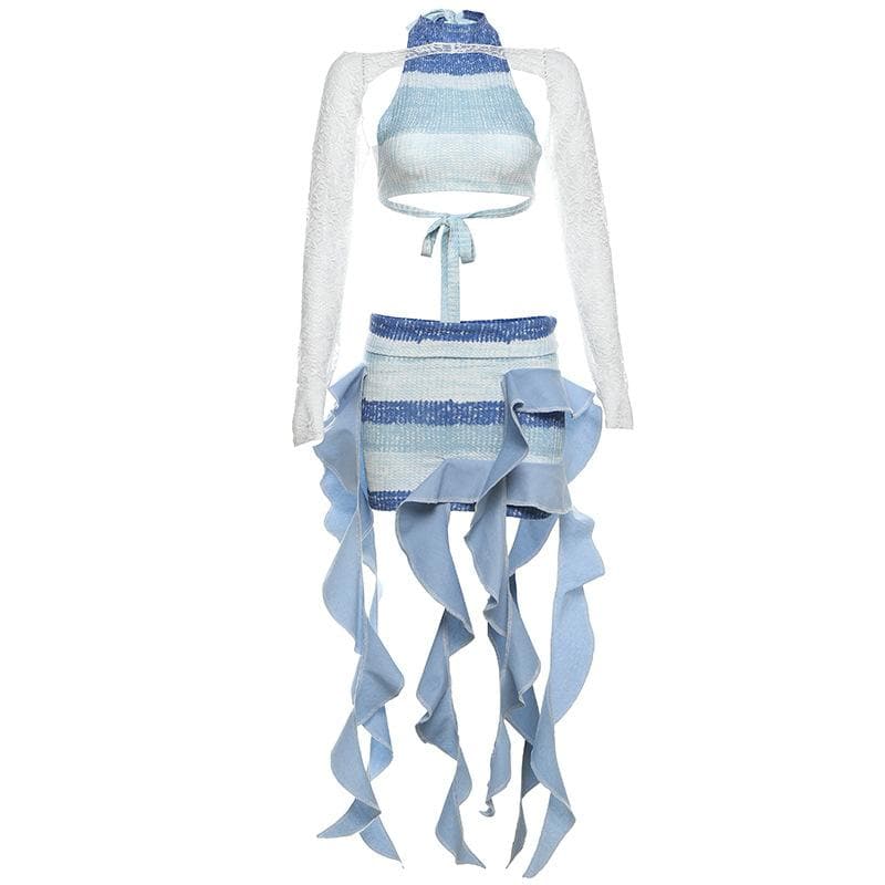 Siren Chic: Ruffled Striped Mini Skirt Set with Lace Shrug – Fall's Hottest Statement Look