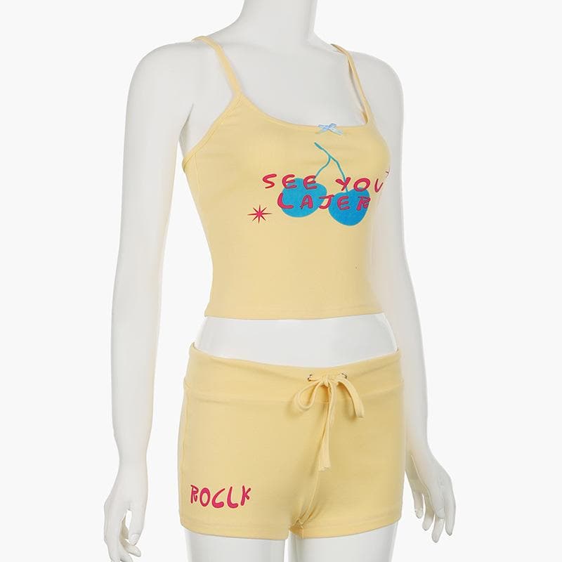 Y2K Cherry 'See You Later' Cami & Shorts Set - Comfy Loungewear for Cozy Fall Nights