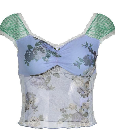 Autumn Bloom Floral Mesh & Gingham Sweetheart Top - Y2K Layering Cami