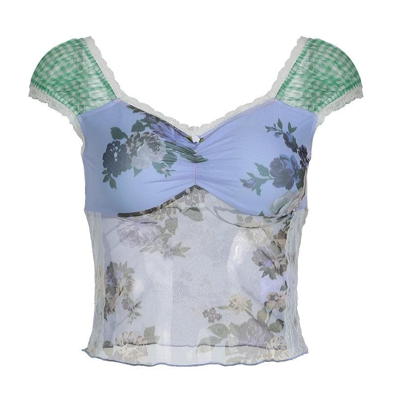 Autumn Bloom Floral Mesh & Gingham Sweetheart Top - Y2K Layering Cami