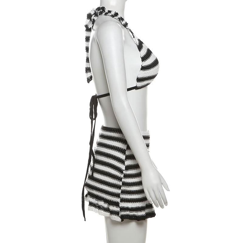 Fall Getaway Chic: Striped Knit Halter Top & Ruffle Mini Skirt Set