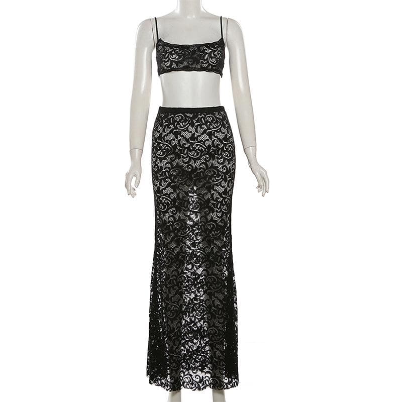 Bewitching Black Lace Sheer Maxi Set: Cami Crop Top & Skirt – Daring Style for Fall Nights & Holiday Glam