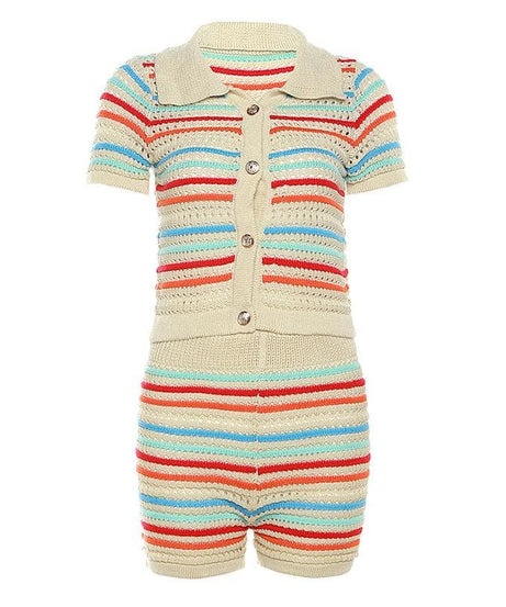 Coastal Chic Striped Crochet Knit Two-Piece Short Set – Your Go-To for Fall Getaways & Sunny Escapes