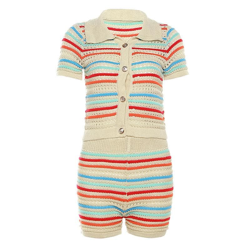 Coastal Chic Striped Crochet Knit Two-Piece Short Set – Your Go-To for Fall Getaways & Sunny Escapes