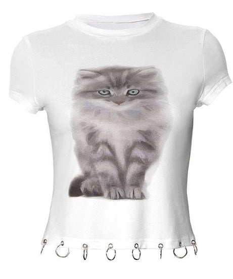 Sassy Feline O-Ring Baby Tee - Fall Trendy Short Sleeve Top