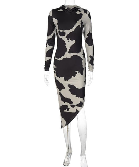 Fall Trend Alert: Cow Print Mock Neck Long Sleeve Bodycon Midi Dress with Asymmetrical Hem