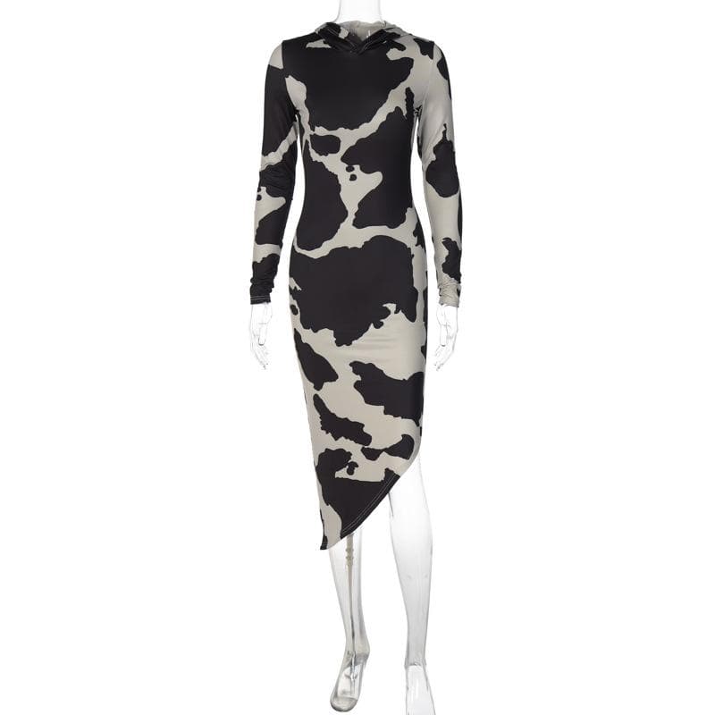 Fall Trend Alert: Cow Print Mock Neck Long Sleeve Bodycon Midi Dress with Asymmetrical Hem
