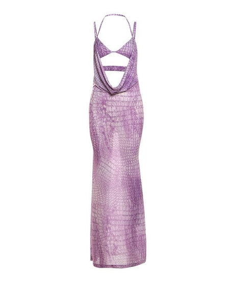 Mystic Allure Halter Maxi Dress | Lavender Croc Print Cut-Out for Fall Parties