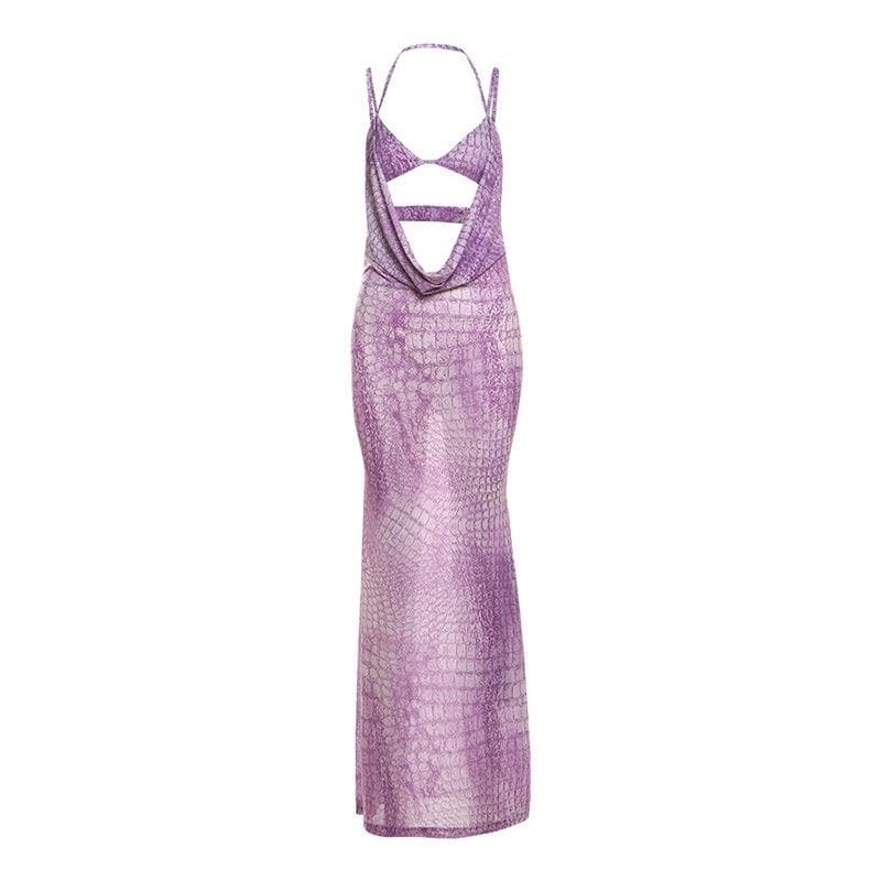 Mystic Allure Halter Maxi Dress | Lavender Croc Print Cut-Out for Fall Parties