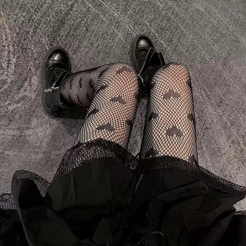 Unleash Your Inner Witch: Bat Pattern Fishnet Tights - Halloween & Edgy Fall Style for Women