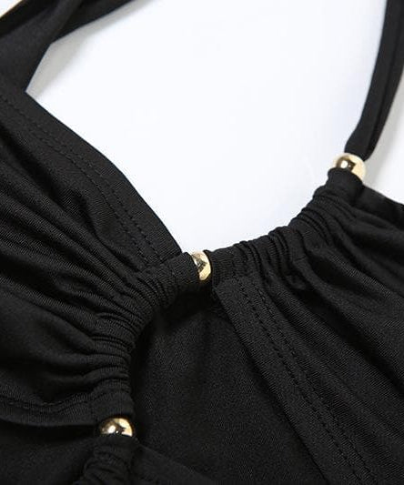 Slay the Season: Black One-Shoulder Ruched Bodycon Maxi Dress with Metallic Accents - Fall & Holiday Ready