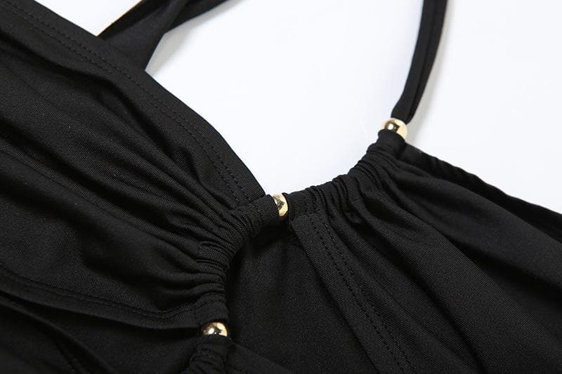 Slay the Season: Black One-Shoulder Ruched Bodycon Maxi Dress with Metallic Accents - Fall & Holiday Ready