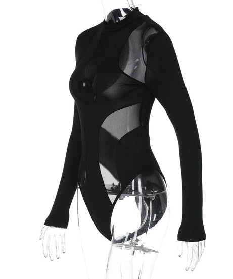 Sleek Black Mesh Panel Mock Neck Bodysuit - Edgy Long Sleeve Top for Fall & Halloween