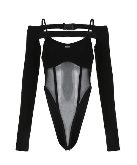 Edgy Y2K Buckle Mesh Bodysuit & Off-Shoulder Shrug Set - Perfect for Fall Nights Out